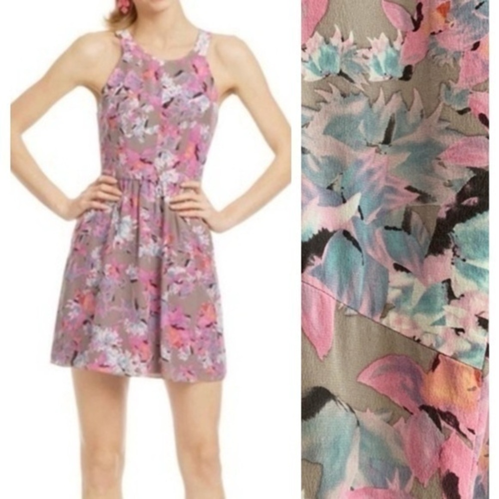 Rebecca Taylor Gray Pink Blue Silk Floral Mai Tai Time A-Line Twee Dress 2